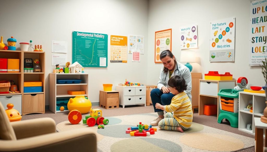 A caregiver and a child sit on the floor in a brightly decorated classroom, engaging in play with colorful blocks on a circular rug. Educational posters and toys fill the room, creating an atmosphere that supports both joyful learning and informed discussions on how to diagnose autism spectrum disorder.