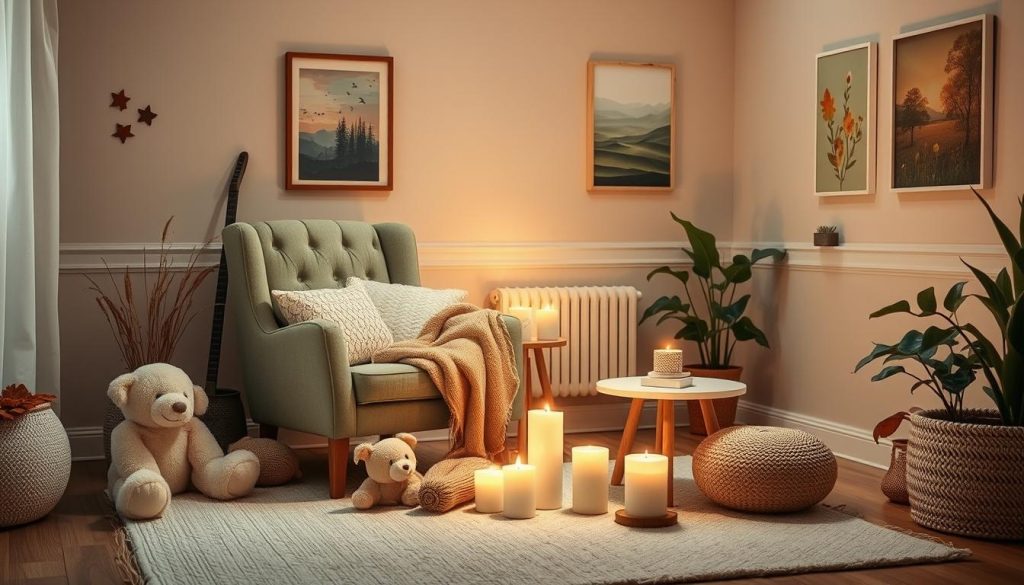 In this cozy living room, a green armchair hosts a blanket and teddy bear, offering comfort after a long day. Lit candles of various sizes illuminate nature-themed art on the walls, surrounded by plants and baskets, creating an atmosphere perfect for unwinding while exploring mindfulness techniques.