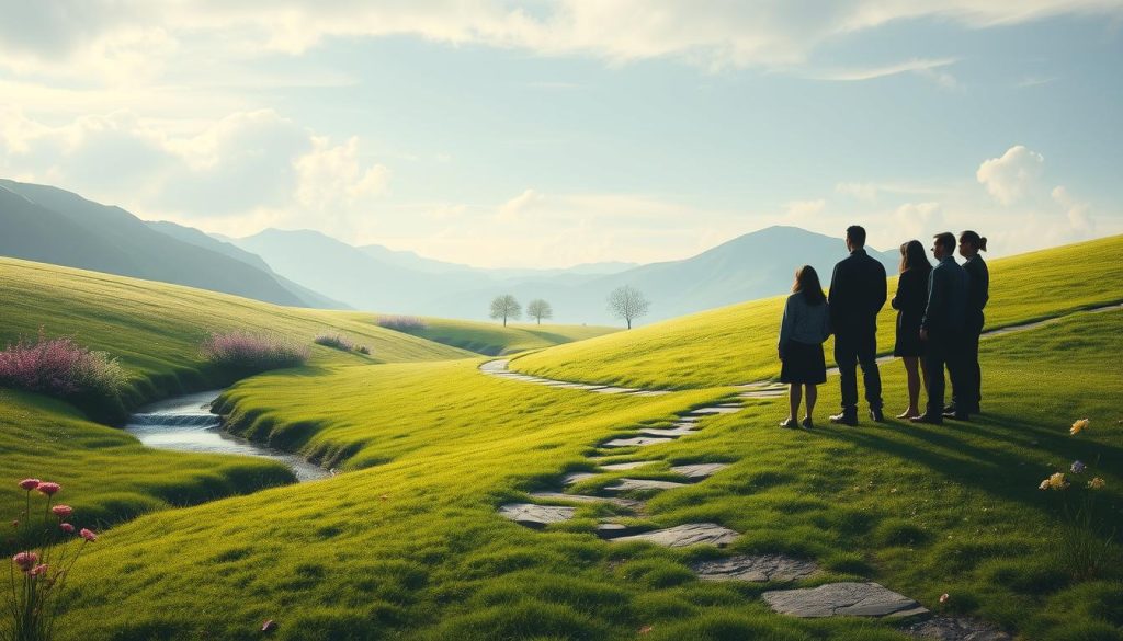 A group of people stand on a stone path overlooking a lush, green landscape with rolling hills, reminiscent of an idyllic retreat for early intervention for autism. A winding stream flows through the scene, and trees dot the horizon. Mountains are visible in the background under a partly cloudy sky.