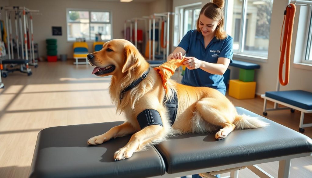 Dog undergoing post-operative knee therapy